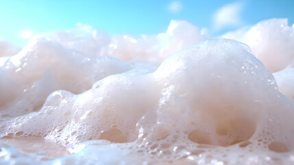 Fototapeta premium Thick white sea foam washes onto a sandy beach under a bright blue sky during a sunny day.