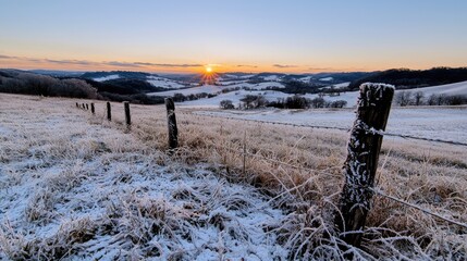 Obraz premium Frosty wooden fence posts stand in a snow-covered rural field at sunrise during a cold winter morning.