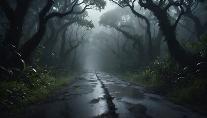 Morning in the forest , Abandoned Jungle Road at Twilight