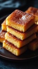 Delicious golden squares of dessert stacked on a dark plate, with a soft focus background