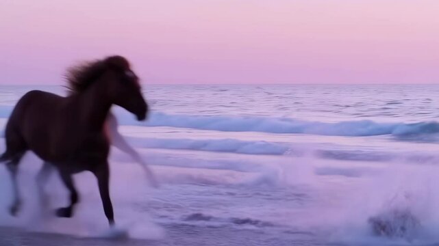 Horses gallops along the shoreline at dusk, creating a dreamy and ethereal scene with soft pastel colors.