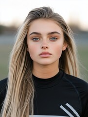 Fototapeta premium Close-up of a young woman with long blonde hair, wearing a black athletic shirt, standing outdoors with a calm, confident expression
