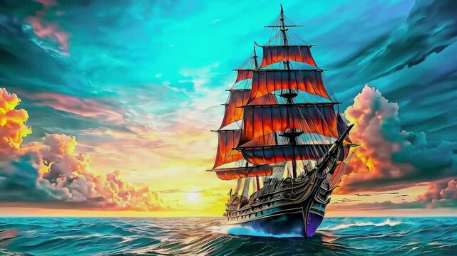 Beautiful old sailboat in sunset rays on the sea, old sailing brigantine
