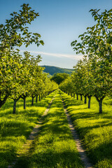 Naklejka premium Tranquil Orchard in Full Bloom with Rows of Fruit-Laden Trees and Rolling Hills in the Background
