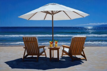 Tranquil Beach Escape: Two Lounge Chairs Under a Beach Umbrella, Enjoying Refreshing Cocktails with an Ocean View