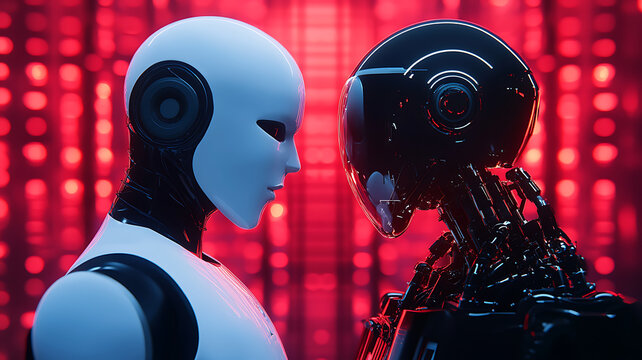 Two robots, one bad robot and one good robot face each other, glowing with romantic connection, red color background, artificial intelligence ai concept