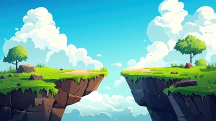 Two Grassy Cliffs Separate By A Cloudy Sky