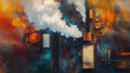 Obraz premium Industrial power plant from above with vibrant steam rising from cooling towers, creating a dynamic contrast between technology and nature. 
