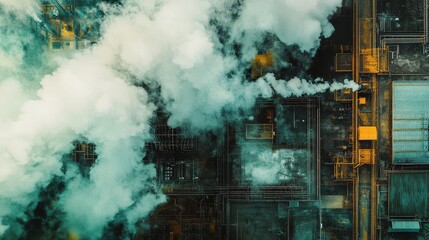 Industrial power plant from above with vibrant steam rising from cooling towers, creating a dynamic contrast between technology and nature. 
