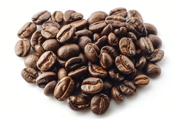 Fototapeta premium Heart-shaped arrangement of roasted coffee beans on a white background