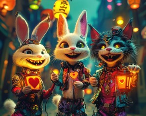 Anthropomorphic rabbits and cat, lantern festival, night market, friendship