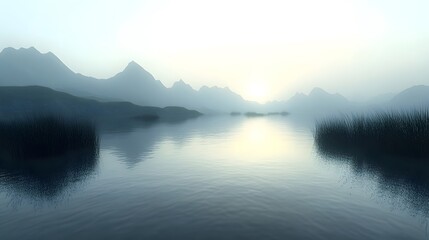 Fototapeta premium Serene Misty Morning Over Calm Water with Silhouetted Mountains