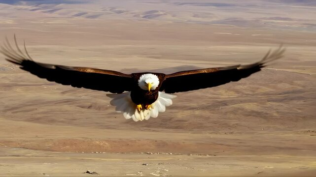 A majestic bald eagle flies with outstretched wings over an expansive desert terrain, symbolizing freedom, strength, and the beauty of nature.