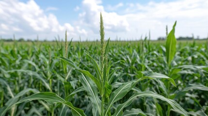 Fototapeta premium Green corn stalks with tassels grow in a vast agricultural field under a blue sky on a bright summer day.