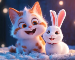 Kitten, bunny, friends, night, bokeh,  children's book illustration