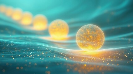 Glowing spheres on turquoise fabric, abstract science or technology background