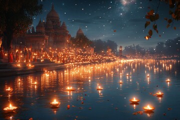 Fototapeta premium Nighttime temple ceremony, floating candles, India