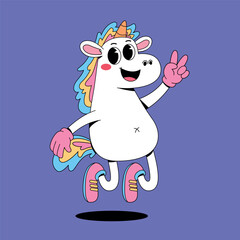 Cartoon jumping happy unicorn mascot