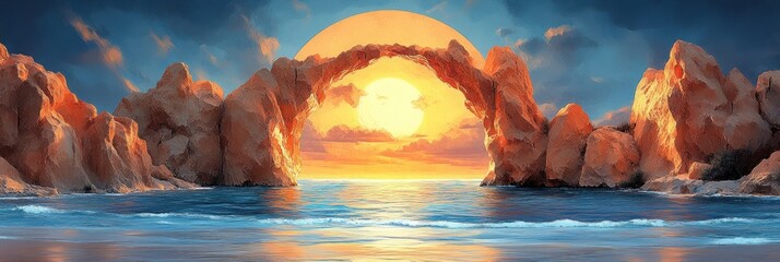Sunset over ocean arch rock formation.