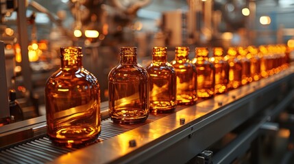 Amber bottles on factory conveyor belt, automated production line