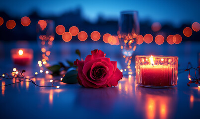 A romantic scene featuring a red rose, candles, and sparkling lights, creating a warm and intimate atmosphere.