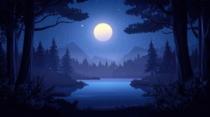 Serene moonlit night scene over a tranquil lake nestled within a dark forest.