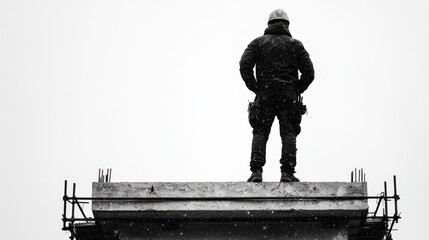 Fototapeta premium Worker standing on a construction site rooftop, observing snowfall in a winter landscape