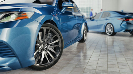 Luxury Blue Car with Shiny Alloy Wheels in Showroom – 3D Rendering Illustration