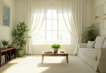Sunlit living room with white sofa, plants, and window.