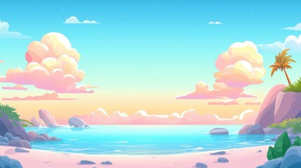 Serene Sunset Beach Scene with Pink Clouds and Palm Tree