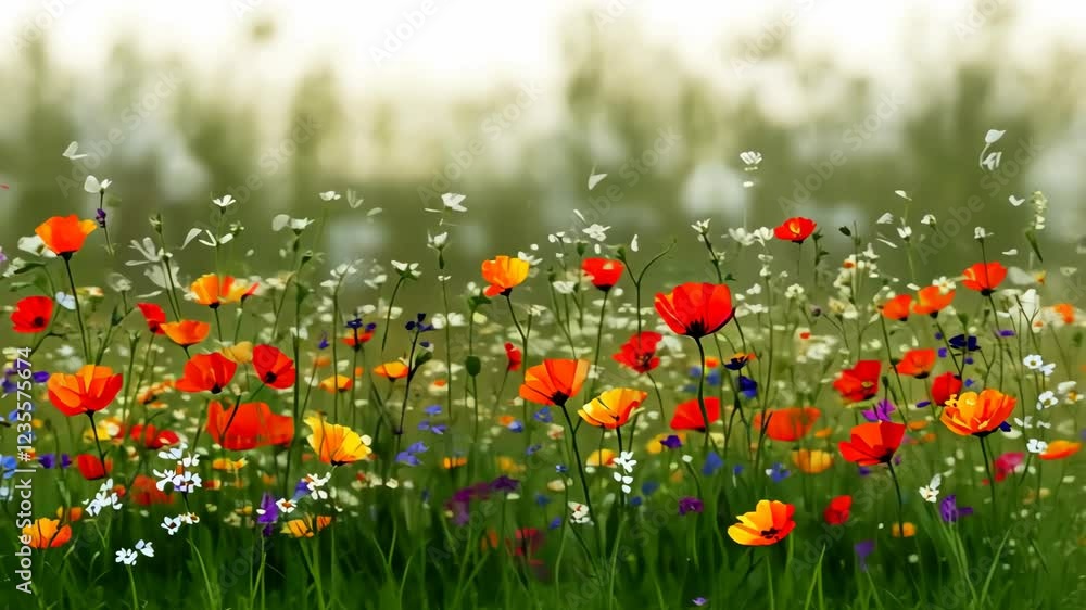 Aufkleber vibrant wildflower field blooming during spring capturing an array of colors under soft sunlight