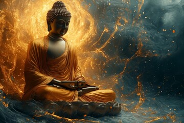 Serene Buddha statue meditating amidst fire and smoke