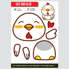 Fun chicken cut and glue worksheet for children. Educational kids activity.
