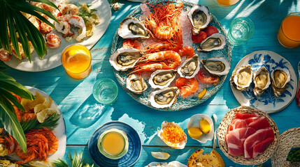 Fototapeta premium Delicious Summer Seafood Platter Oysters Shrimp Lunch Table Sun Menu Ocean Fresh Beach Party Taste 