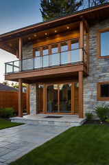 Obraz premium Modern Stone and Wood House Exterior: Luxury Home Design with Balcony and Landscaped Pathway