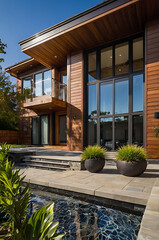 Fototapeta premium Luxury Modern House with Wooden Exterior, Large Windows, and a Pool. Contemporary Architecture and Landscaping Design. Real Estate Property
