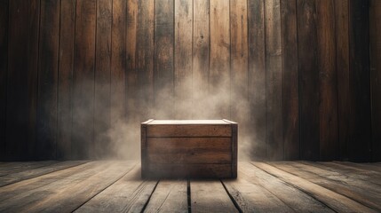 Rustic wooden crate, smoky backdrop, wooden room, product display