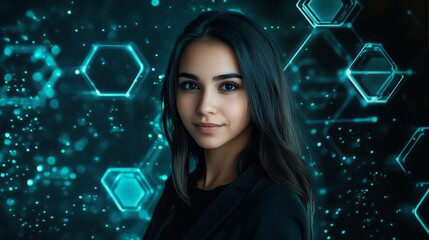 Innovative technology presentation by young female professional in a digital environment urban setting portrait futuristic concept