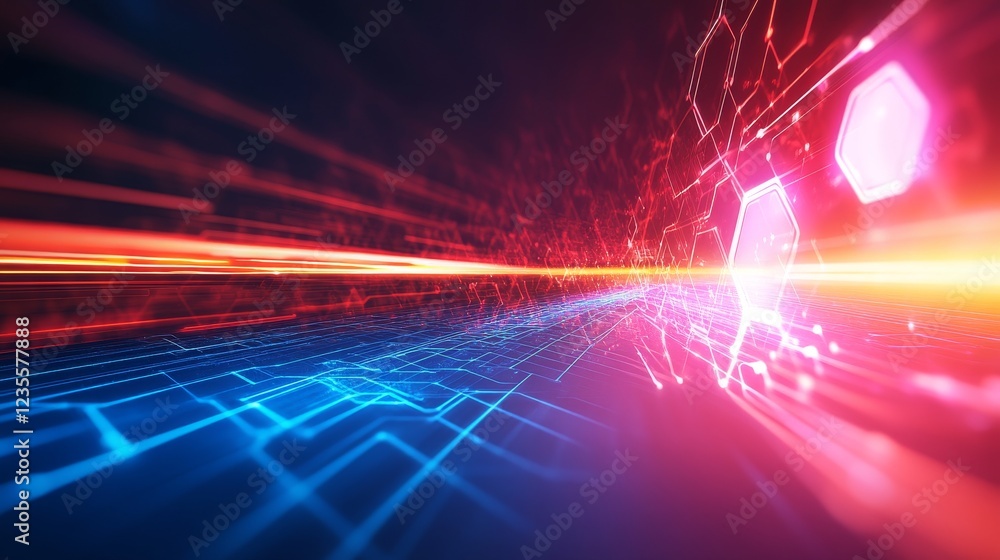 Poster Dynamic light trails and digital patterns futuristic setting abstract graphics high-tech environment vibrant colors concept of motion and innovation