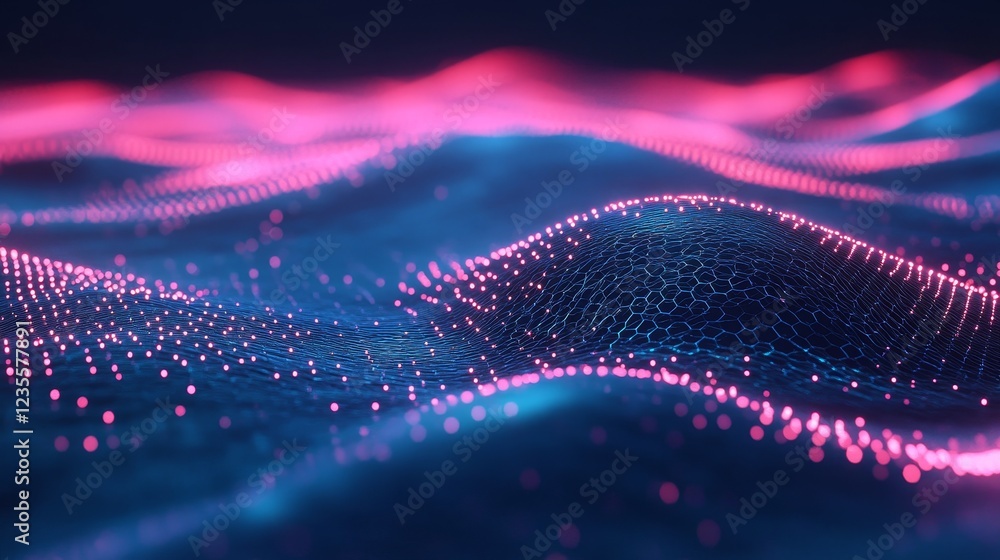 Poster dynamic digital waves flowing through a neon landscape abstract visual art futuristic environment cl
