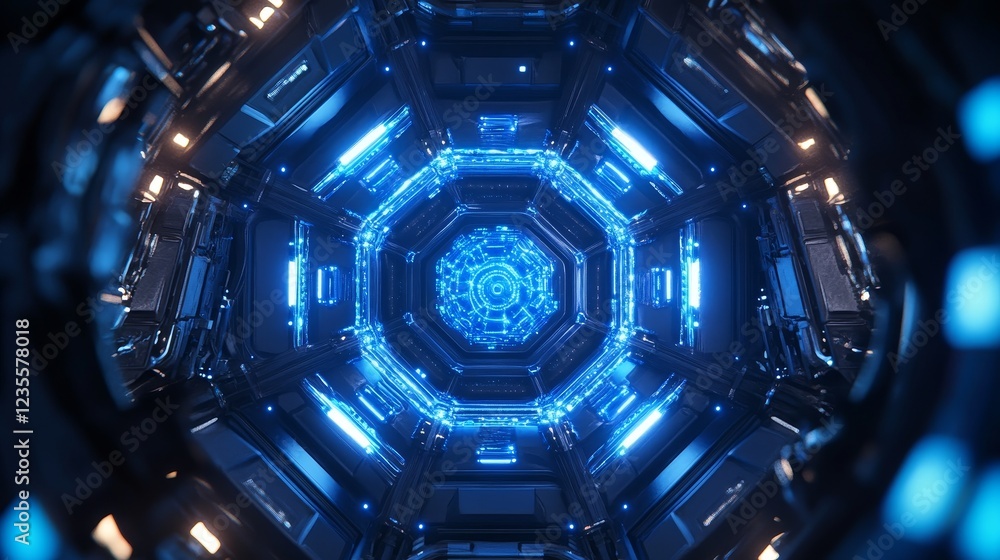 Poster exploring futuristic technology a glimpse inside a high-tech space environment with vibrant blue lig
