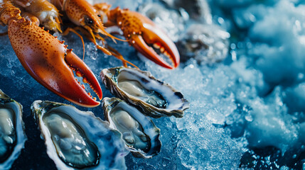 Fresh Lobster and Oysters on Ice Seafood Gourmet Delicacy Restaurant Menu Raw Cold Meal Blue Ocean  