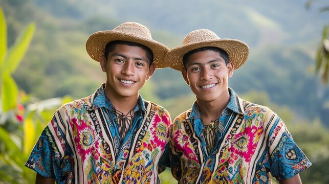 Traditional Lenca Twin Men in Colorful Attire Smiling Outdoors
