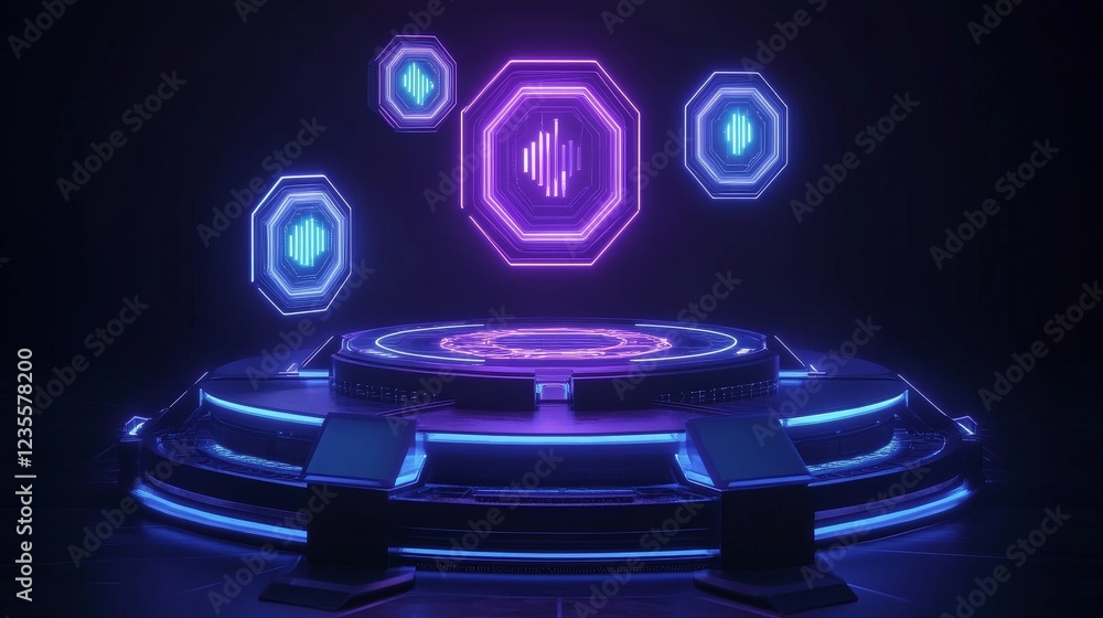 Poster dynamic soundwave visualization futuristic studio digital art high-tech environment close-up perspec