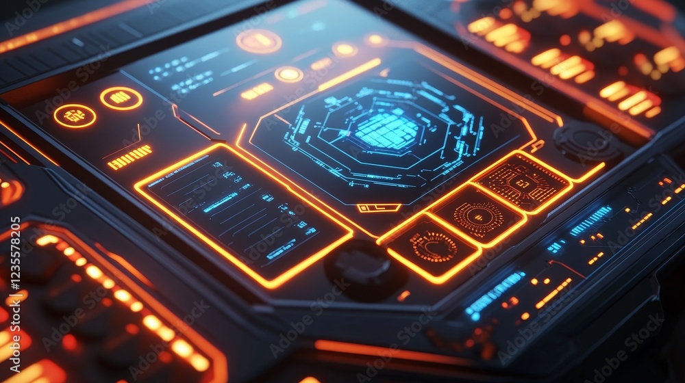 Poster futuristic control panel interface high-tech laboratory digital artwork sci-fi environment close-up 