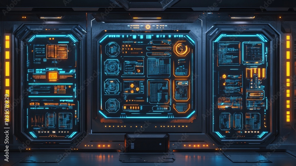 Poster high-tech control interface futuristic laboratory digital display sci-fi environment interior viewpo