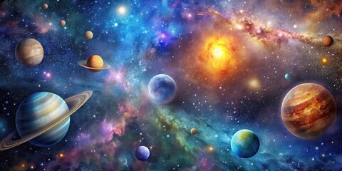 A celestial canvas with vibrant stars and galaxies , planets, universe,  planets, universe, blackness