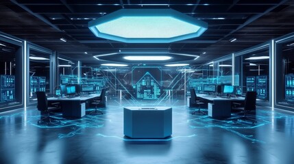 Advanced technology operation centers futuristic office space digital environment high-tech design immersive perspective innovation and collaboration