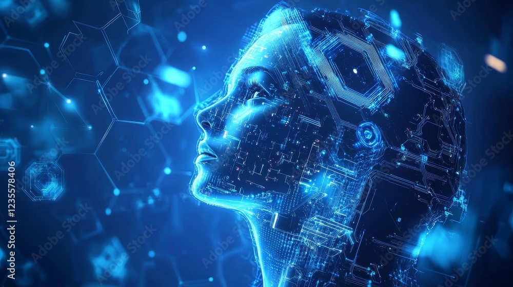 Poster exploring artificial intelligence and human connection virtual realm digital art futuristic close-up