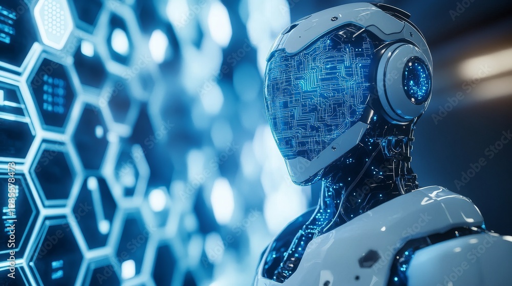 Aufkleber futuristic robotic evolution high-tech laboratory digital art sci-fi environment close-up perspectiv